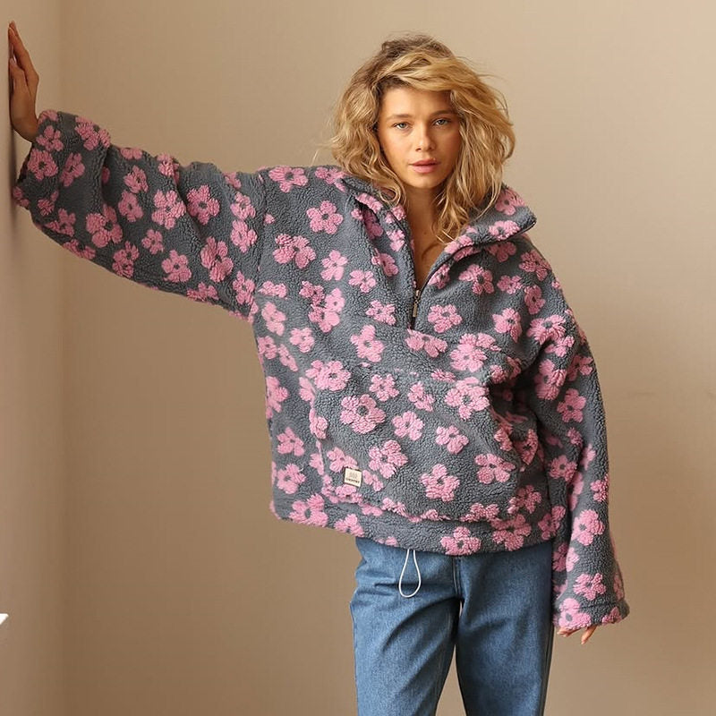 Floral Print Women's Hoodie with Half-Zip and Relaxed Fit - 4 - Stylewhipped