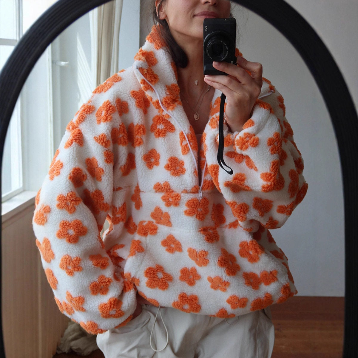 Floral Print Women's Hoodie with Half-Zip and Relaxed Fit - 5 - Stylewhipped