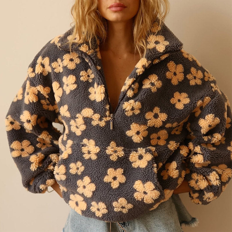 Floral Print Women's Hoodie with Half-Zip and Relaxed Fit - 6 - Stylewhipped