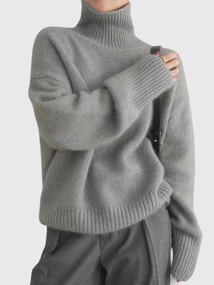 Women's High-Neck Loose Fit Jumper with Ribbed Cuffs - 1 - Stylewhipped