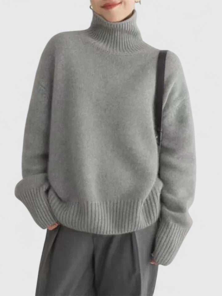 Women's High-Neck Loose Fit Jumper with Ribbed Cuffs - 3 - Stylewhipped