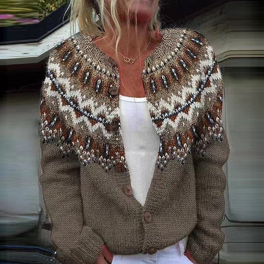 Cardigan Women’s Button-Up Design with Patterned Yoke - 1 - Stylewhipped
