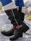 Women's Knee-High Boots with Knitted Cuff and Stylish Buckle - 1 - Stylewhipped
