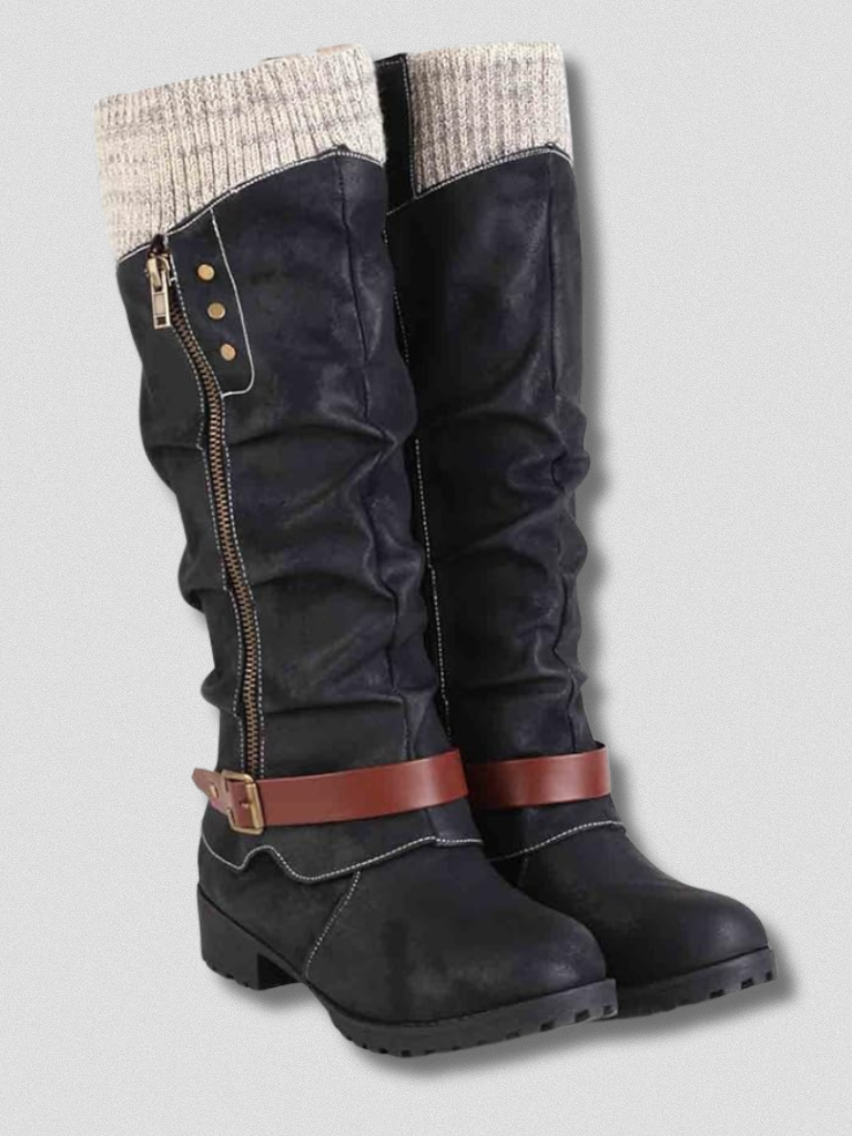 Women's Knee-High Boots with Knitted Cuff and Stylish Buckle - 2 - Stylewhipped