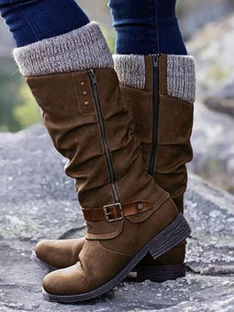 Women's Knee-High Boots with Knitted Cuff and Stylish Buckle - 3 - Stylewhipped