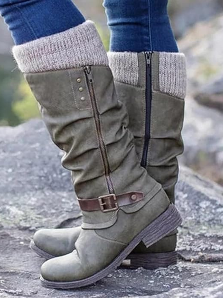 Women's Knee-High Boots with Knitted Cuff and Stylish Buckle - 5 - Stylewhipped