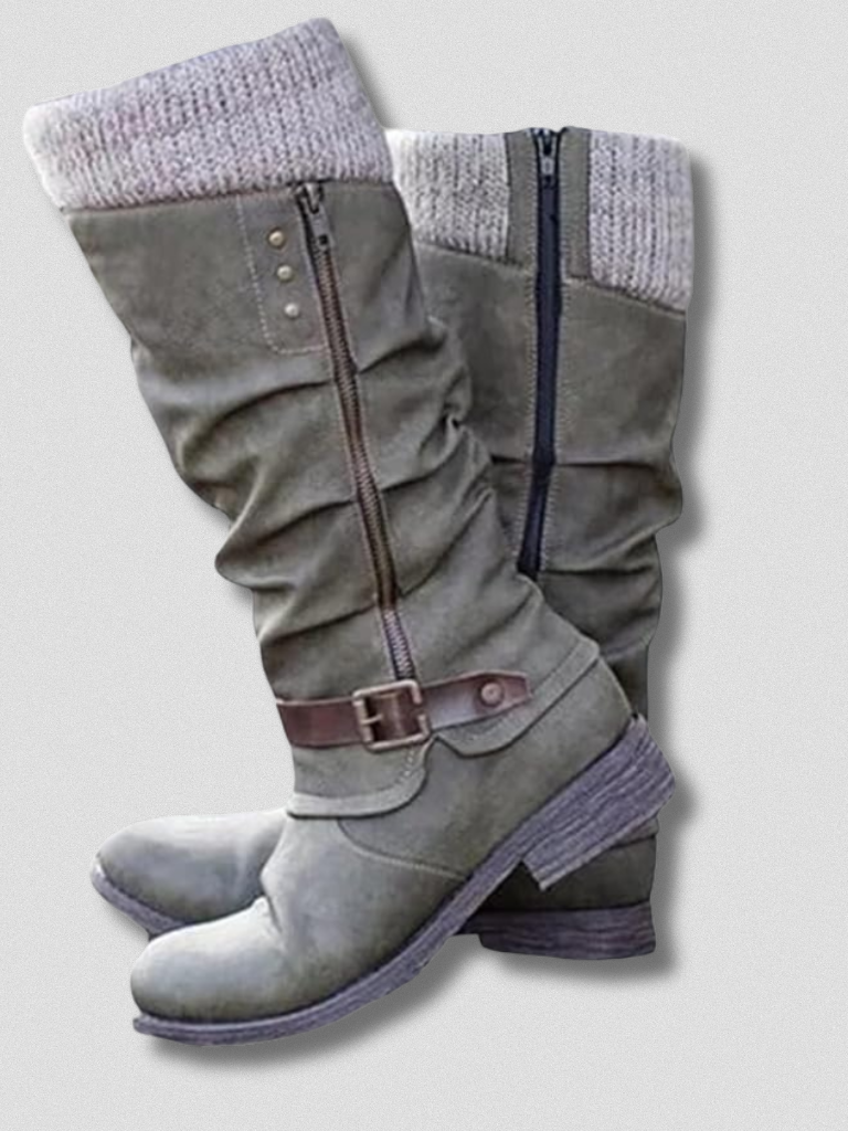 Women's Knee-High Boots with Knitted Cuff and Stylish Buckle - 6 - Stylewhipped