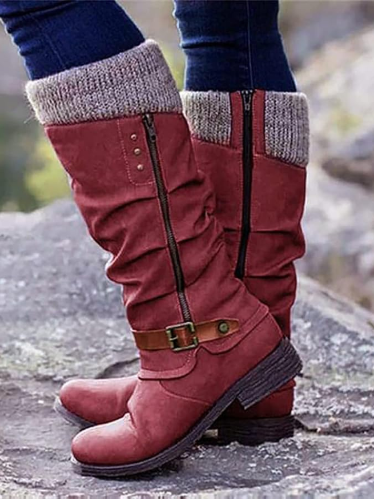 Women's Knee-High Boots with Knitted Cuff and Stylish Buckle - 7 - Stylewhipped