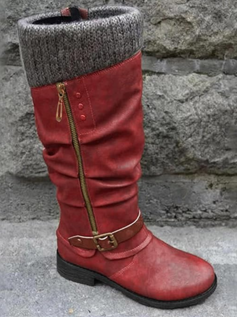 Women's Knee-High Boots with Knitted Cuff and Stylish Buckle - 8 - Stylewhipped
