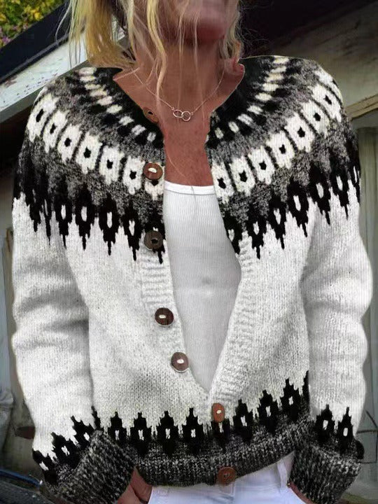 Cardigan Women’s Button-Up Design with Patterned Yoke - 1 - Stylewhipped