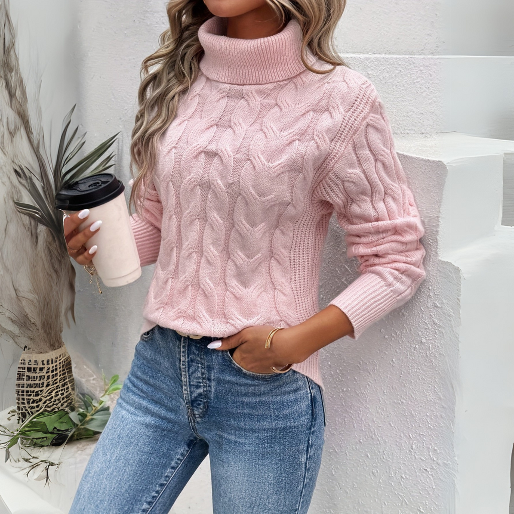 Women's Roll Neck Pullover in Soft Pink with Cable Knit Design - 1 - Stylewhipped