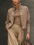 Women's Jacket with Stand Collar and Button Detail - 1 - Stylewhipped