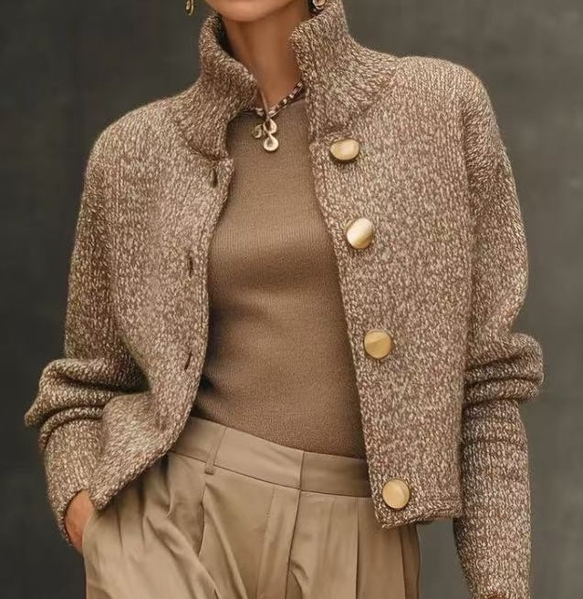 Women's Jacket with Stand Collar and Button Detail - 2 - Stylewhipped