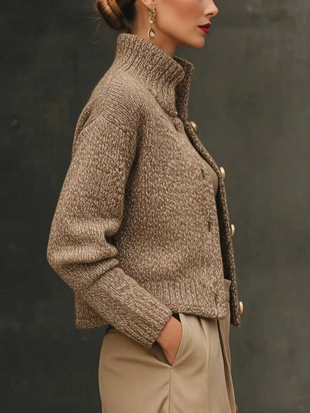 Women's Jacket with Stand Collar and Button Detail - 3 - Stylewhipped