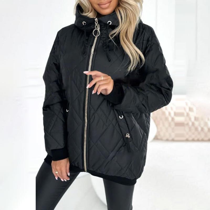 Women's Quilted Hooded Jacket with Zip and Relaxed Fit - 9 - Stylewhipped