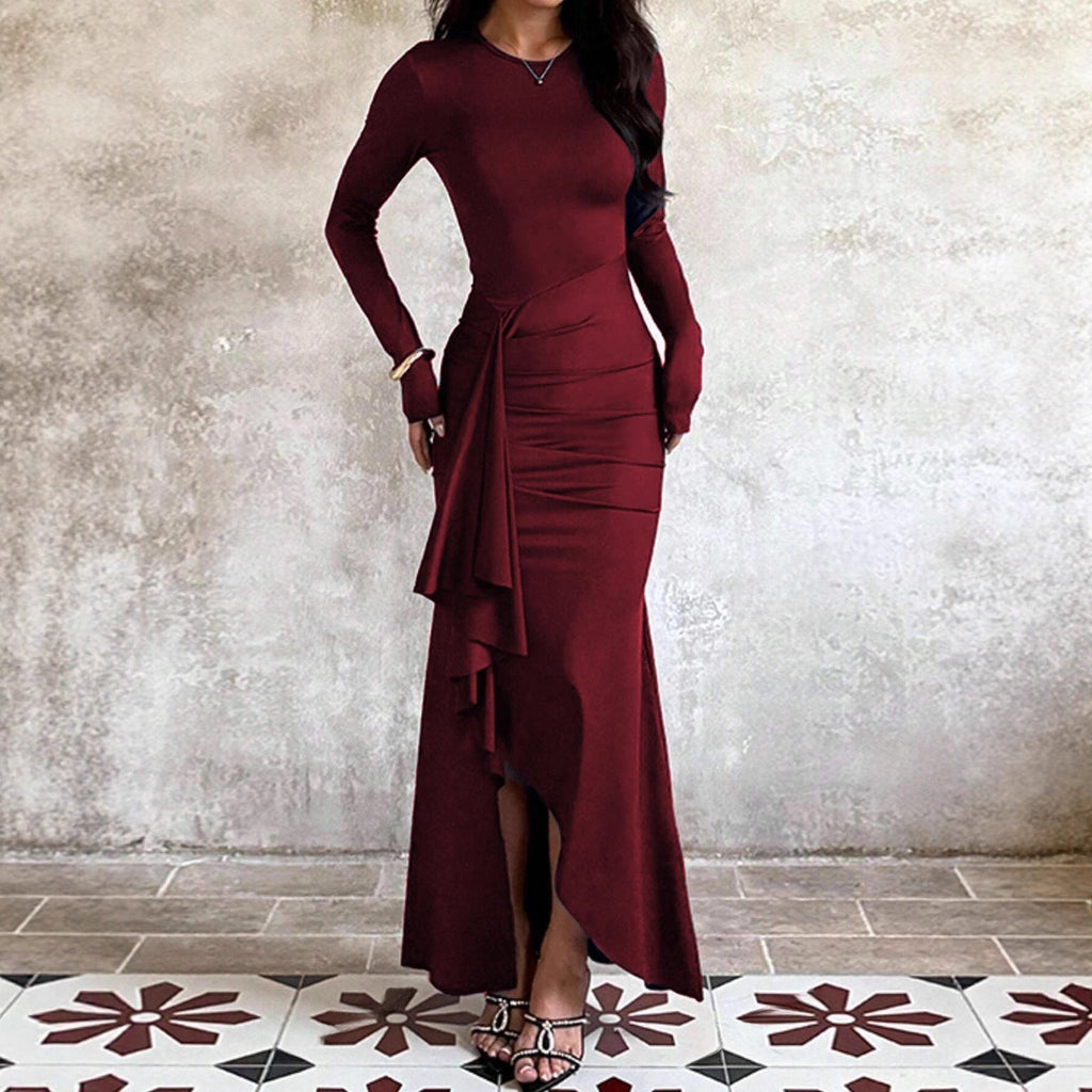 Evening Dress for Women with Long Sleeves and Asymmetrical Ruffle Detail - 2 - Stylewhipped