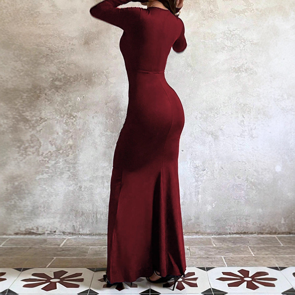 Evening Dress for Women with Long Sleeves and Asymmetrical Ruffle Detail - 3 - Stylewhipped
