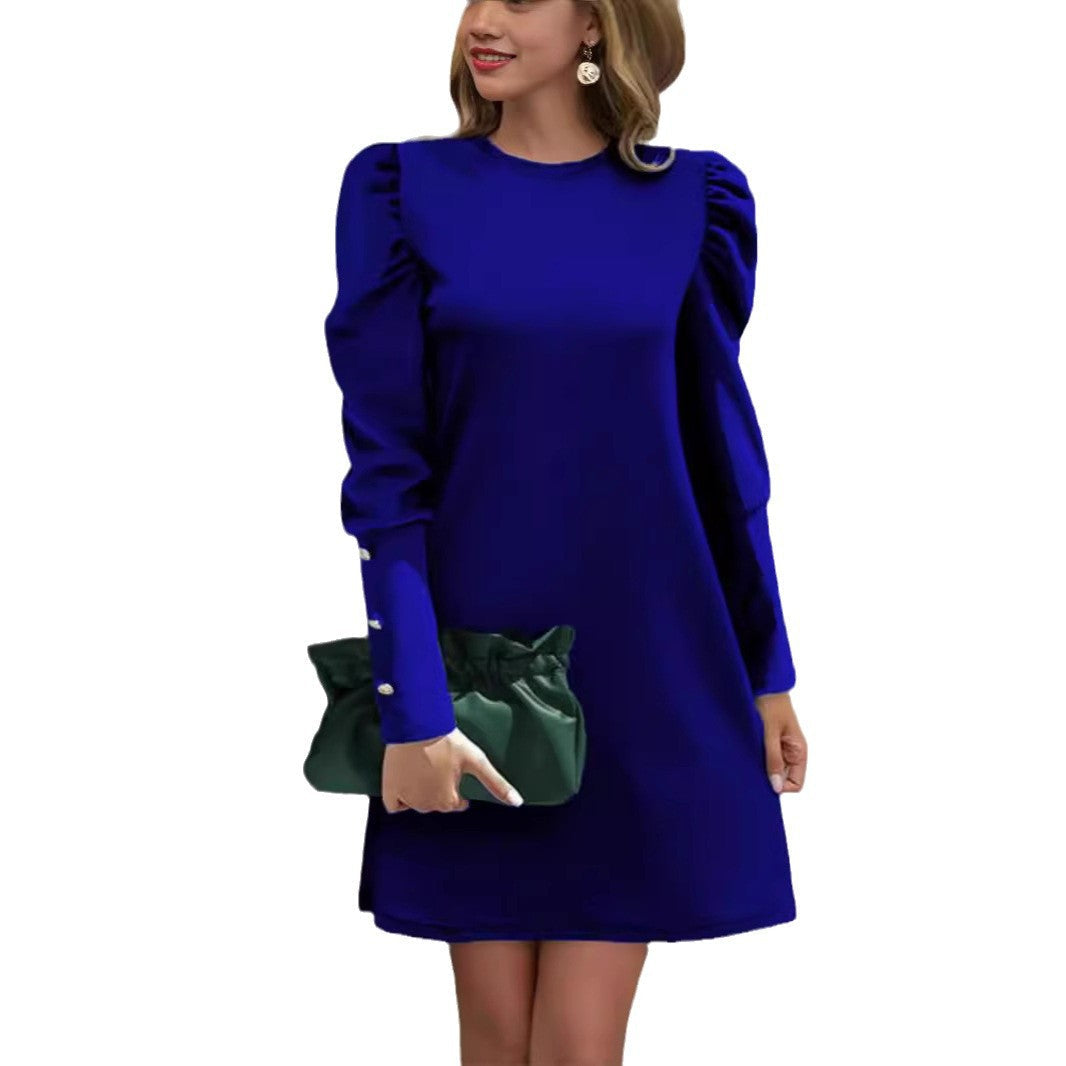 Puff Sleeve Women's Dress with Round Neck and Flattering A-Line Silhouette - 5 - Stylewhipped