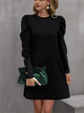 Puff Sleeve Women's Dress with Round Neck and Flattering A-Line Silhouette - 6 - Stylewhipped