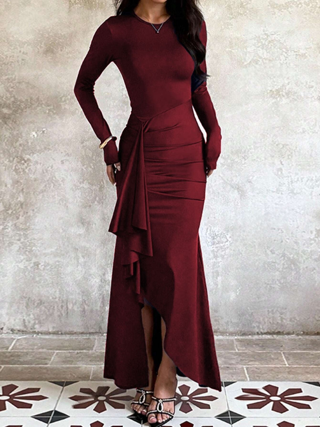 Evening Dress for Women with Long Sleeves and Asymmetrical Ruffle Detail - 6 - Stylewhipped