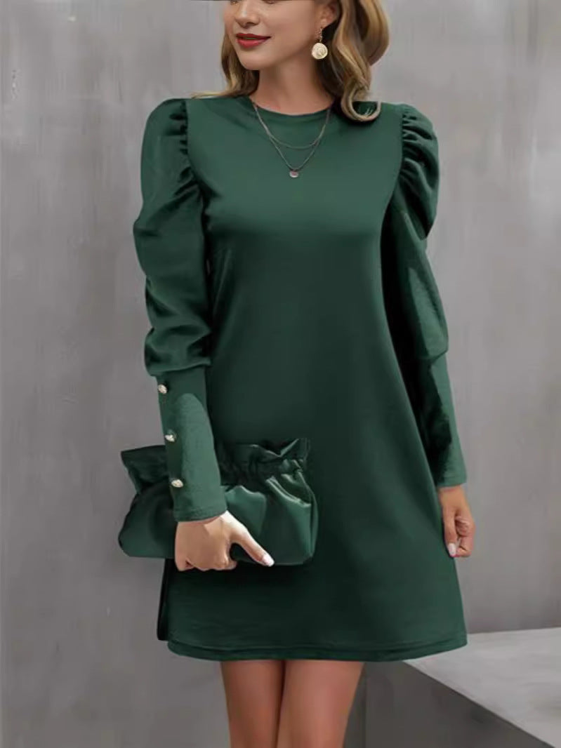 Puff Sleeve Women's Dress with Round Neck and Flattering A-Line Silhouette - 8 - Stylewhipped