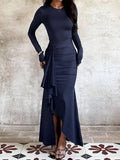 Evening Dress for Women with Long Sleeves and Asymmetrical Ruffle Detail - 7 - Stylewhipped