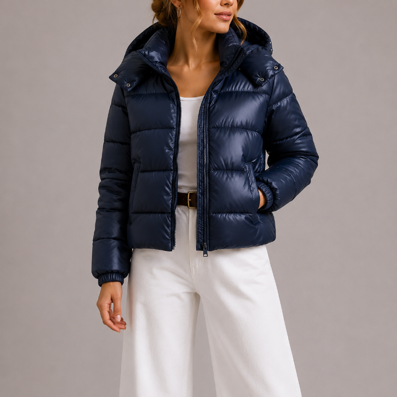 Puffer Jacket Women's Short Fit with Hood and Zip Front - 1 - Stylewhipped