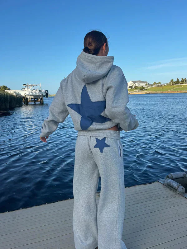 Hooded Sweatshirt and Trousers Set for Women - Oversized Fit with Star Design - 1 - Stylewhipped