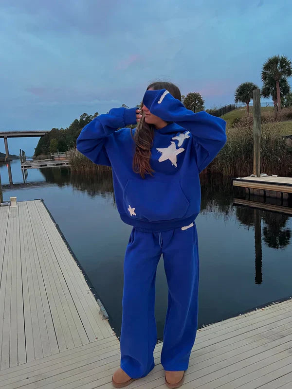 Hooded Sweatshirt and Trousers Set for Women - Oversized Fit with Star Design - 7 - Stylewhipped