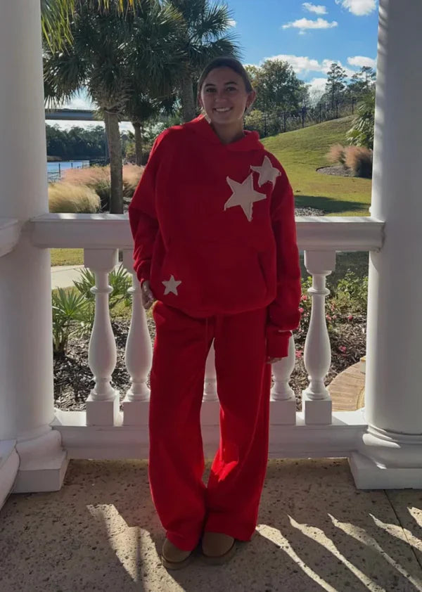 Hooded Sweatshirt and Trousers Set for Women - Oversized Fit with Star Design - 9 - Stylewhipped