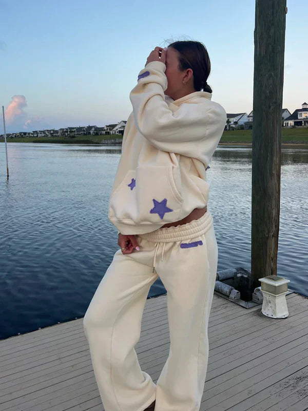 Hooded Sweatshirt and Trousers Set for Women - Oversized Fit with Star Design - 10 - Stylewhipped