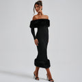Off-Shoulder Evening Dress Women Fitted Silhouette with Statement Fur Detail - 1 - Stylewhipped