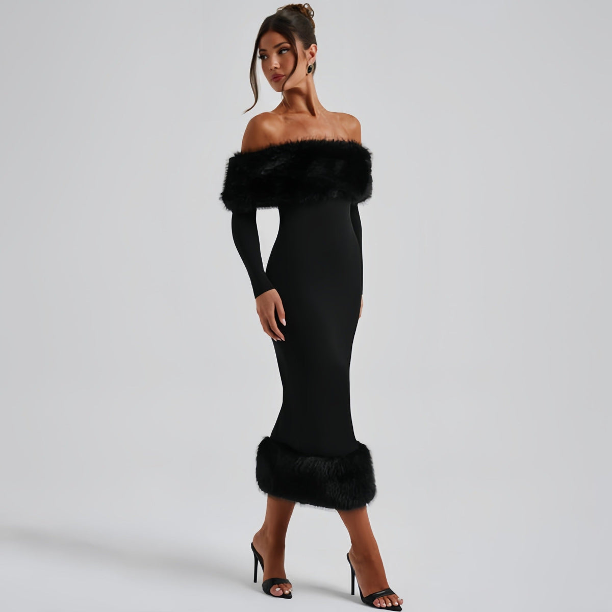 Off-Shoulder Evening Dress Women Fitted Silhouette with Statement Fur Detail - 1 - Stylewhipped