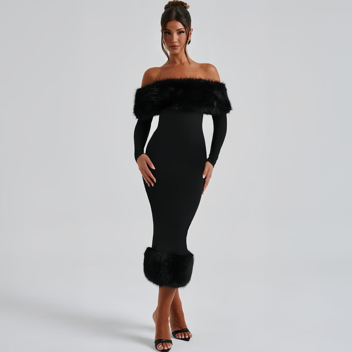 Off-Shoulder Evening Dress Women Fitted Silhouette with Statement Fur Detail - 2 - Stylewhipped