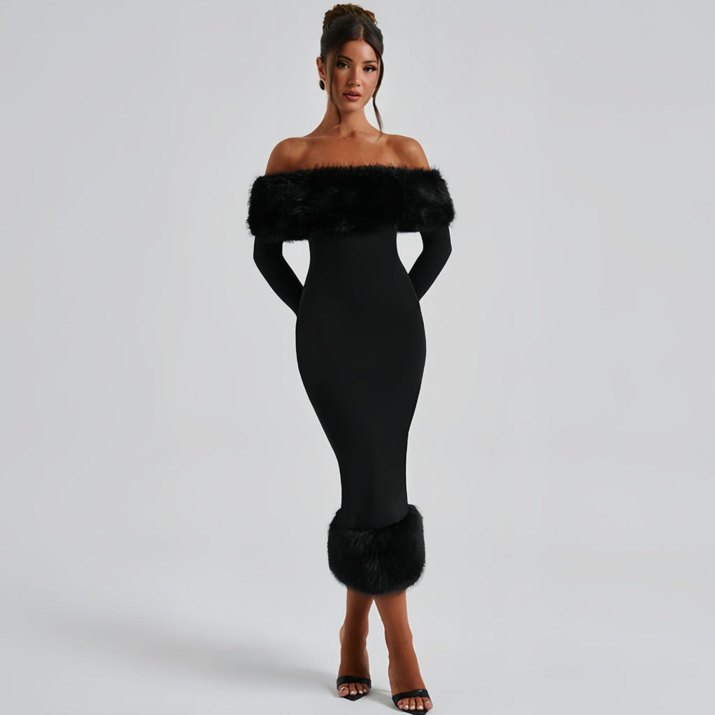 Off-Shoulder Evening Dress Women Fitted Silhouette with Statement Fur Detail - 4 - Stylewhipped