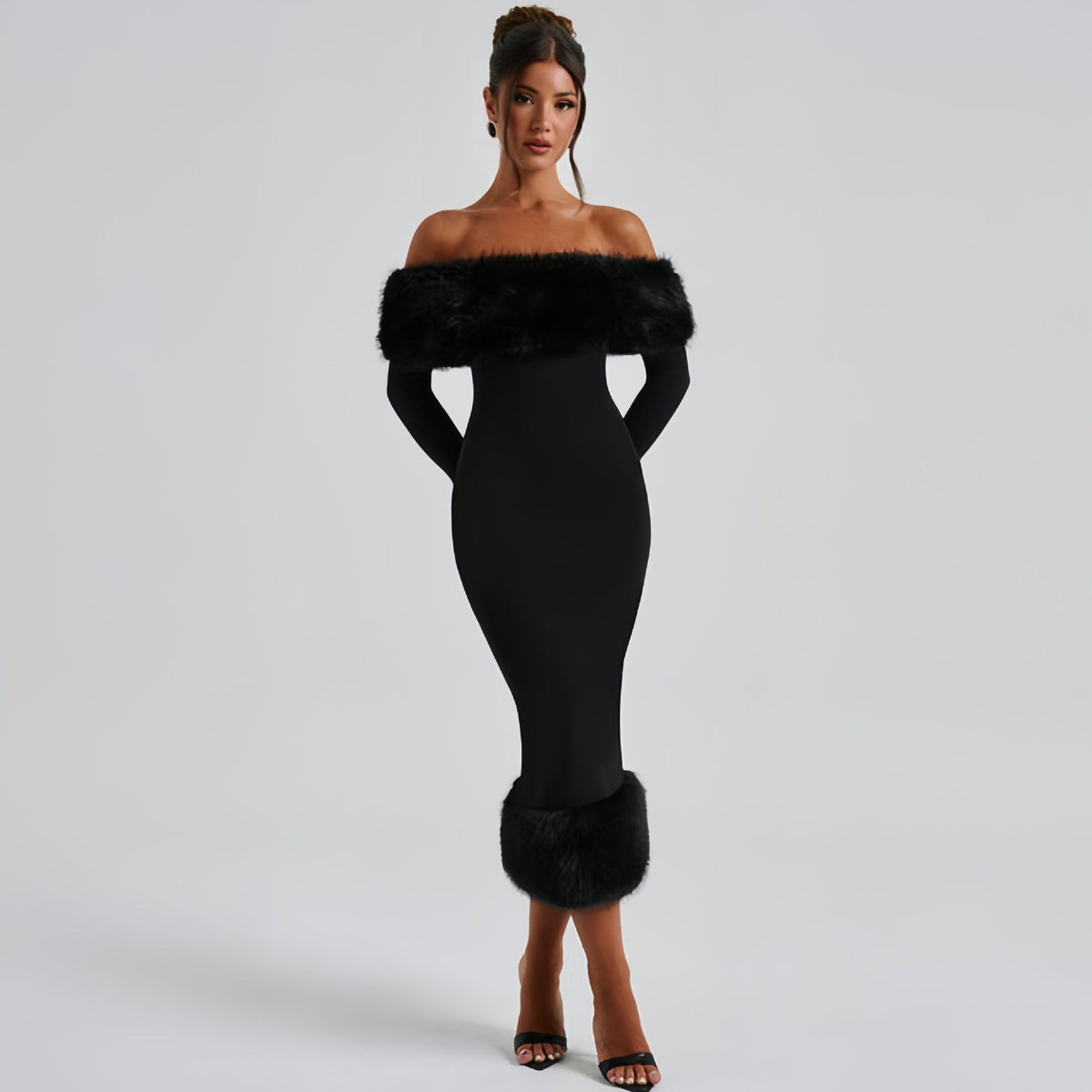 Off-Shoulder Evening Dress Women Fitted Silhouette with Statement Fur Detail - 4 - Stylewhipped