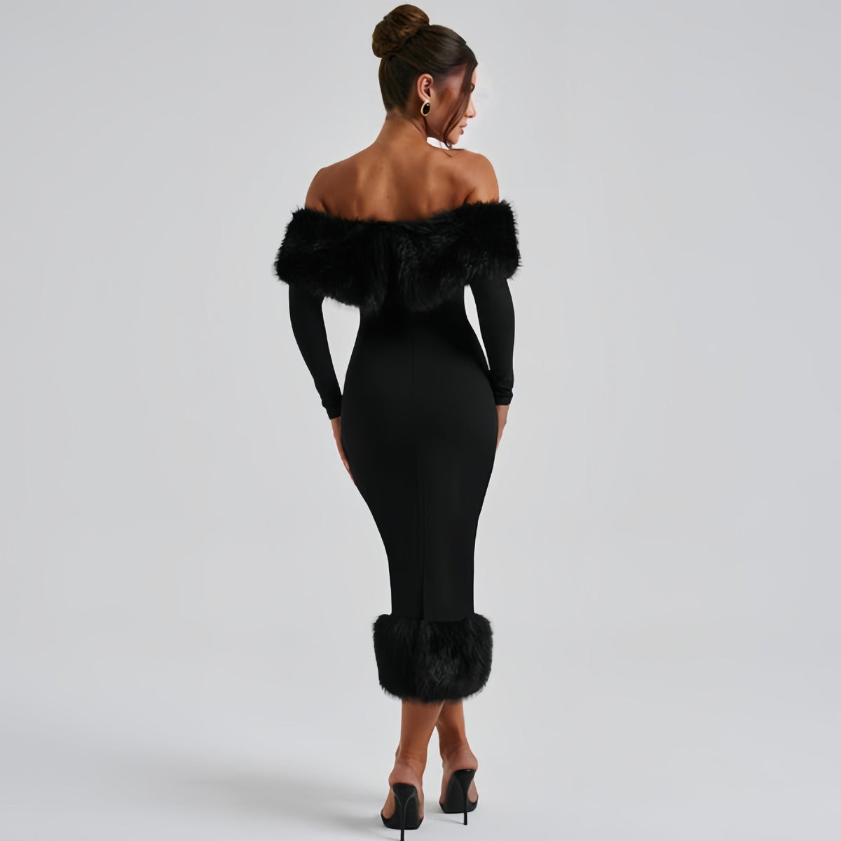 Off-Shoulder Evening Dress Women Fitted Silhouette with Statement Fur Detail - 5 - Stylewhipped