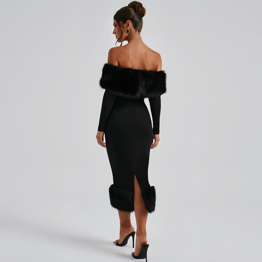 Off-Shoulder Evening Dress Women Fitted Silhouette with Statement Fur Detail - 6 - Stylewhipped