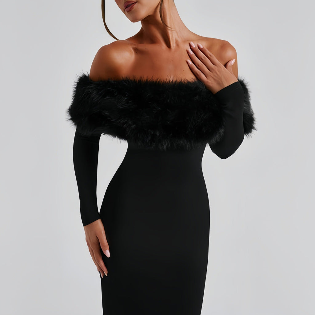 Off-Shoulder Evening Dress Women Fitted Silhouette with Statement Fur Detail - 7 - Stylewhipped