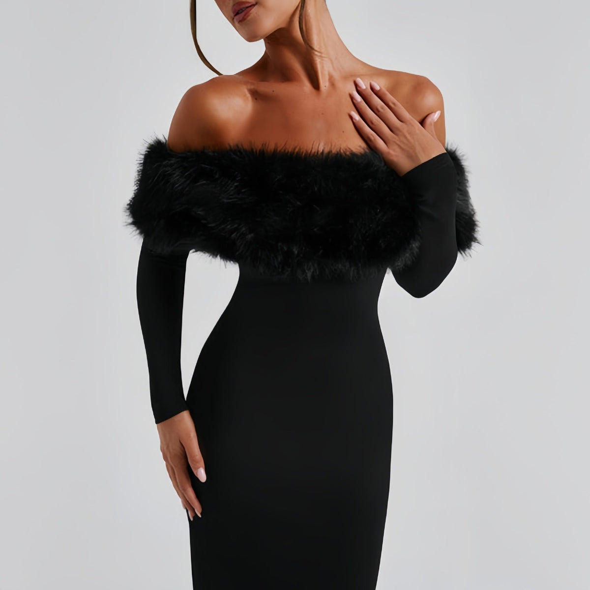 Off-Shoulder Evening Dress Women Fitted Silhouette with Statement Fur Detail - 7 - Stylewhipped
