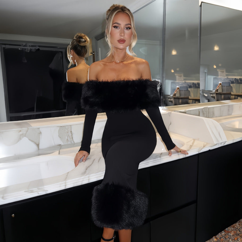 Off-Shoulder Evening Dress Women Fitted Silhouette with Statement Fur Detail - 8 - Stylewhipped