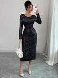Midi Dress Women Fitted Silhouette with Long Sleeves and Fringe Detail - 1 - Stylewhipped