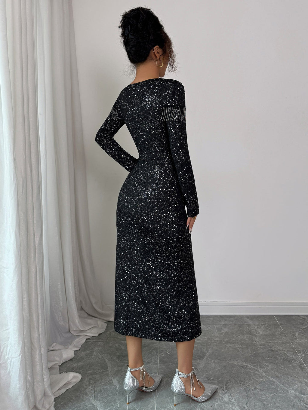 Midi Dress Women Fitted Silhouette with Long Sleeves and Fringe Detail - 5 - Stylewhipped