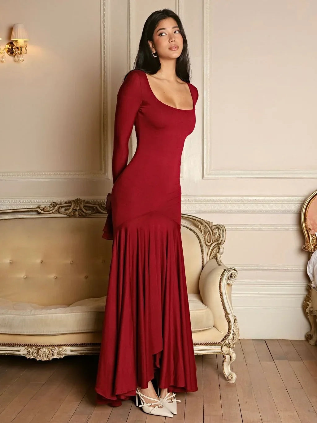Maxi Dress for Women with Long Sleeves and Flared Hem - 2 - Stylewhipped