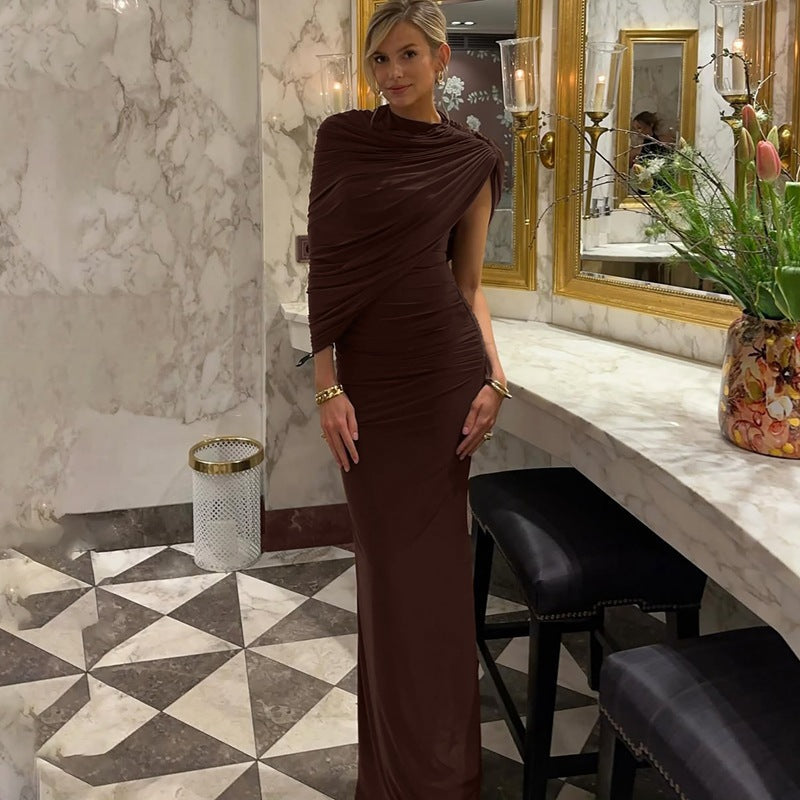 Maxi Dress for Women with Fitted Silhouette and Asymmetric Cape - 5 - Stylewhipped