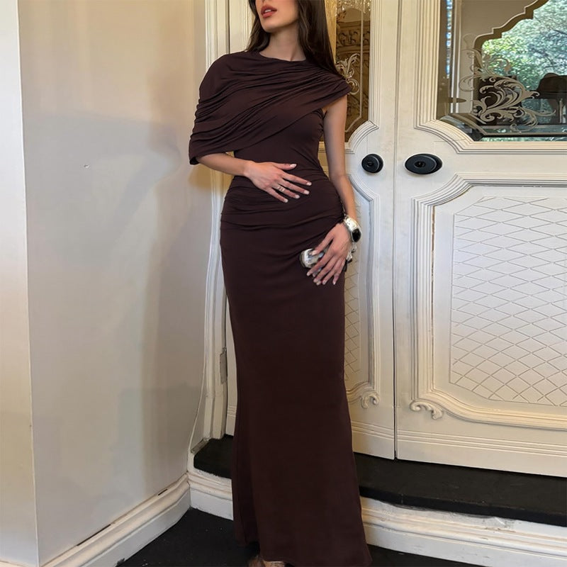 Maxi Dress for Women with Fitted Silhouette and Asymmetric Cape - 6 - Stylewhipped