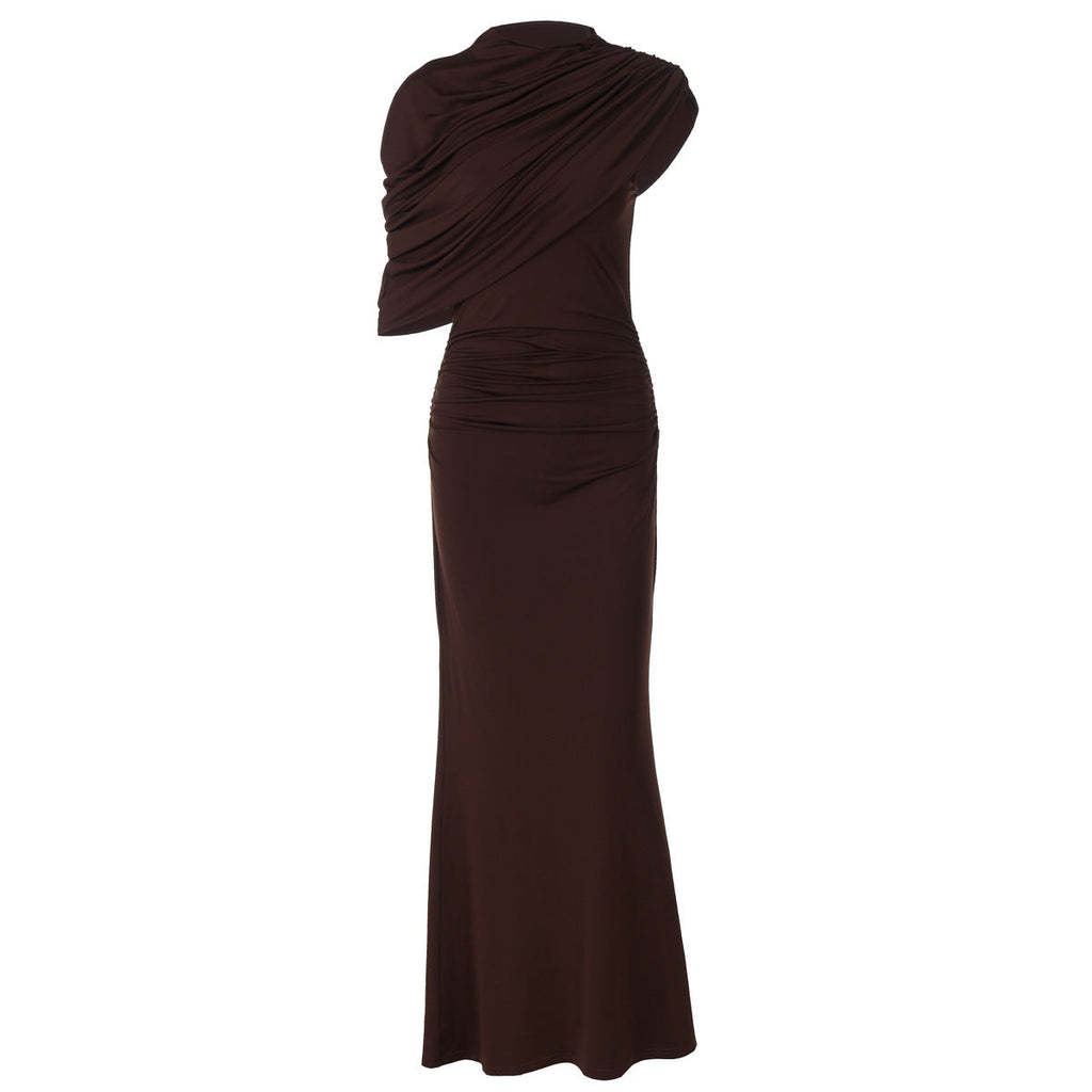 Maxi Dress for Women with Fitted Silhouette and Asymmetric Cape - 7 - Stylewhipped