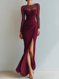 Evening Dress Women's Fitted Silhouette with V-Neckline and Sheer Sleeves - 1 - Stylewhipped
