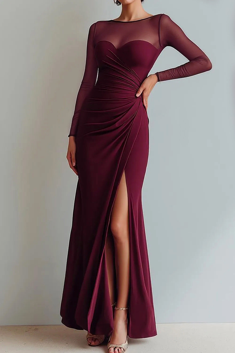 Evening Dress Women's Fitted Silhouette with V-Neckline and Sheer Sleeves - 3 - Stylewhipped