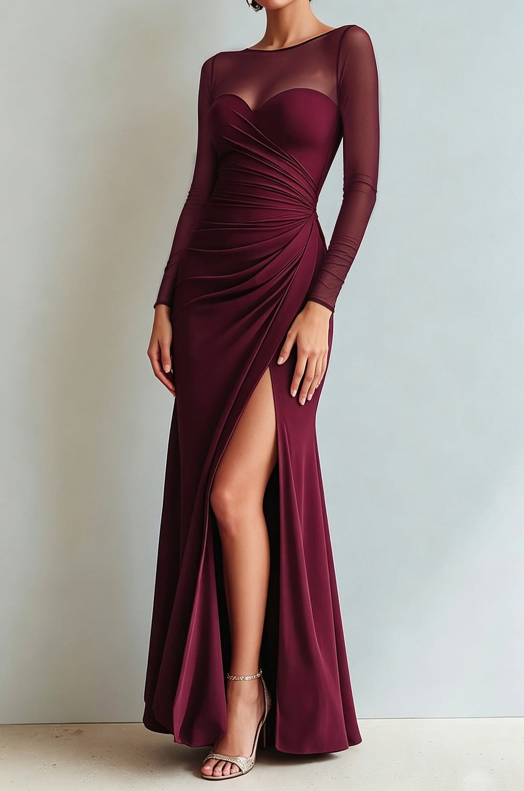 Evening Dress Women's Fitted Silhouette with V-Neckline and Sheer Sleeves - 4 - Stylewhipped
